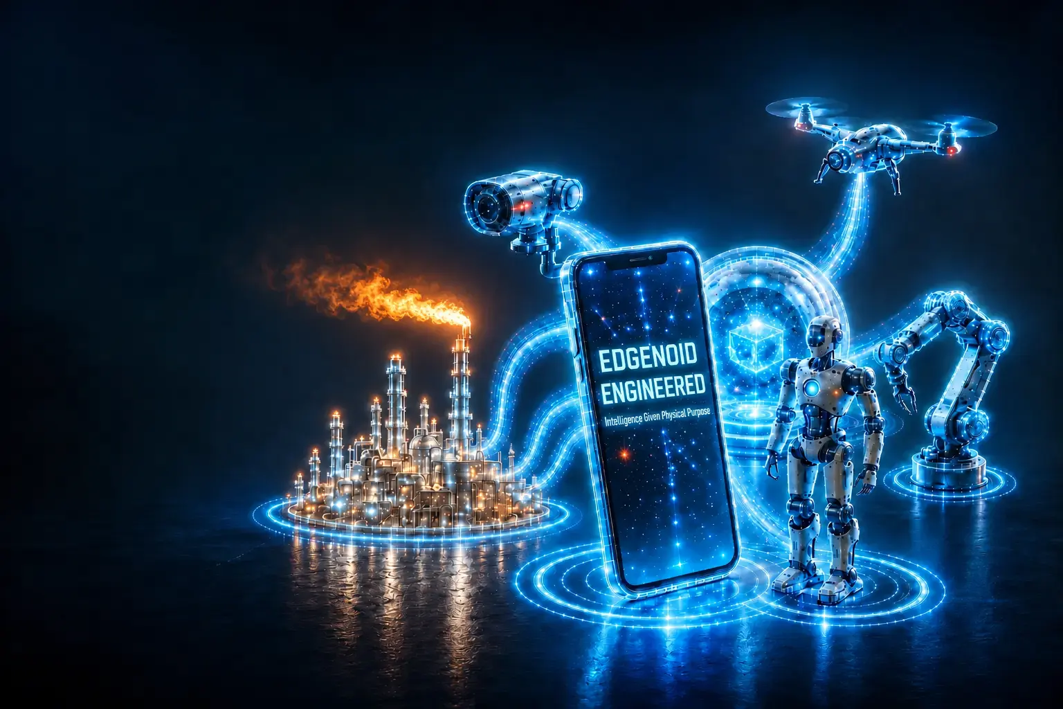 Edgenoid: a humanoid robot, a robotic arm, a drone and a camera connected by light to a phone and an industrial plant
