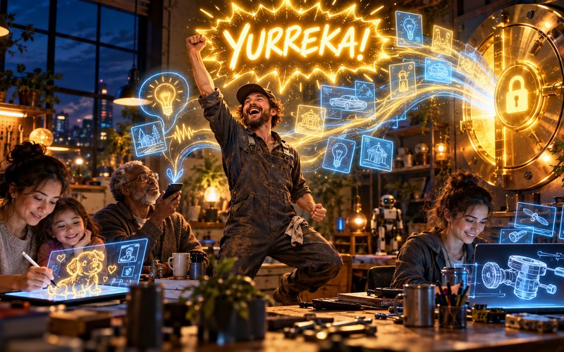 YURREKA! A mechanic shouts with joy as everyday inventors' ideas flow into a golden vault